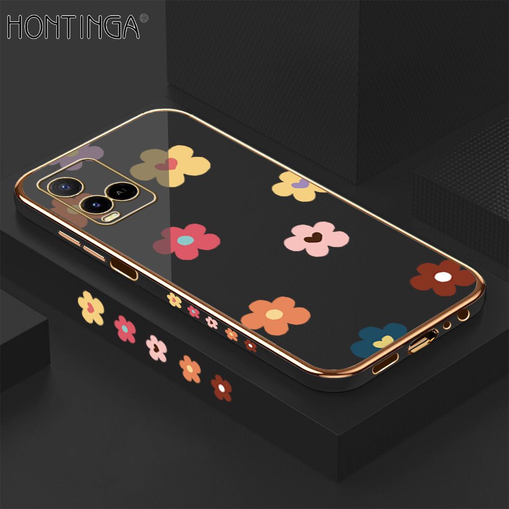 Hontinga for Vivo Y33S Y21 2021 Y21S Y21A Y21T Y33T Back Cover + Free Lanyard Luxury 6D Plating Falling Flower Side Pattern Case Soft Silicone Square Mobile Cover