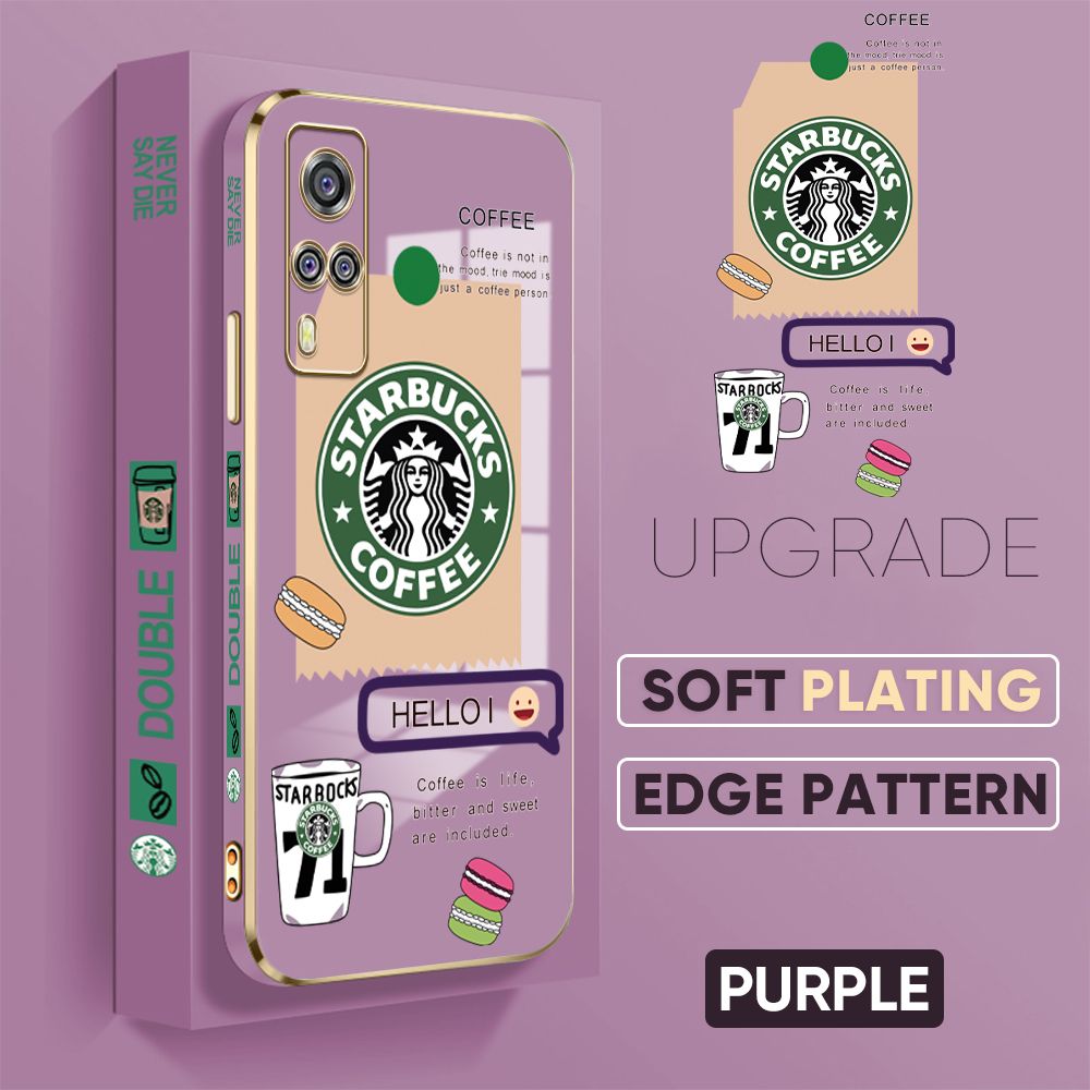 Jizetin (Free Lanyard) Vivo Y53S 4G / Y31 / Y51 / Y51A 2021 Back Cover Two Coffee Macaron Luxury 6D Plating Case Side Pattern Soft Silicone Square Mobile Phone Cases