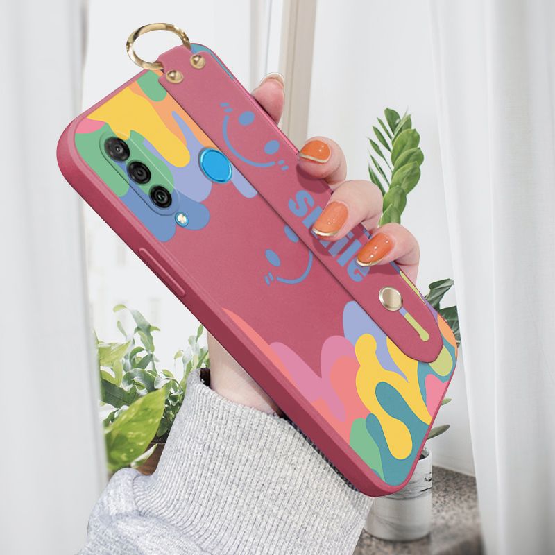 ZeroQiQi for Huawei Nova 4E Wrist Strap Case Soft Candy Color Splash Ink Cover Trend Square Printed Pattern Liquid Silicone Phone Case