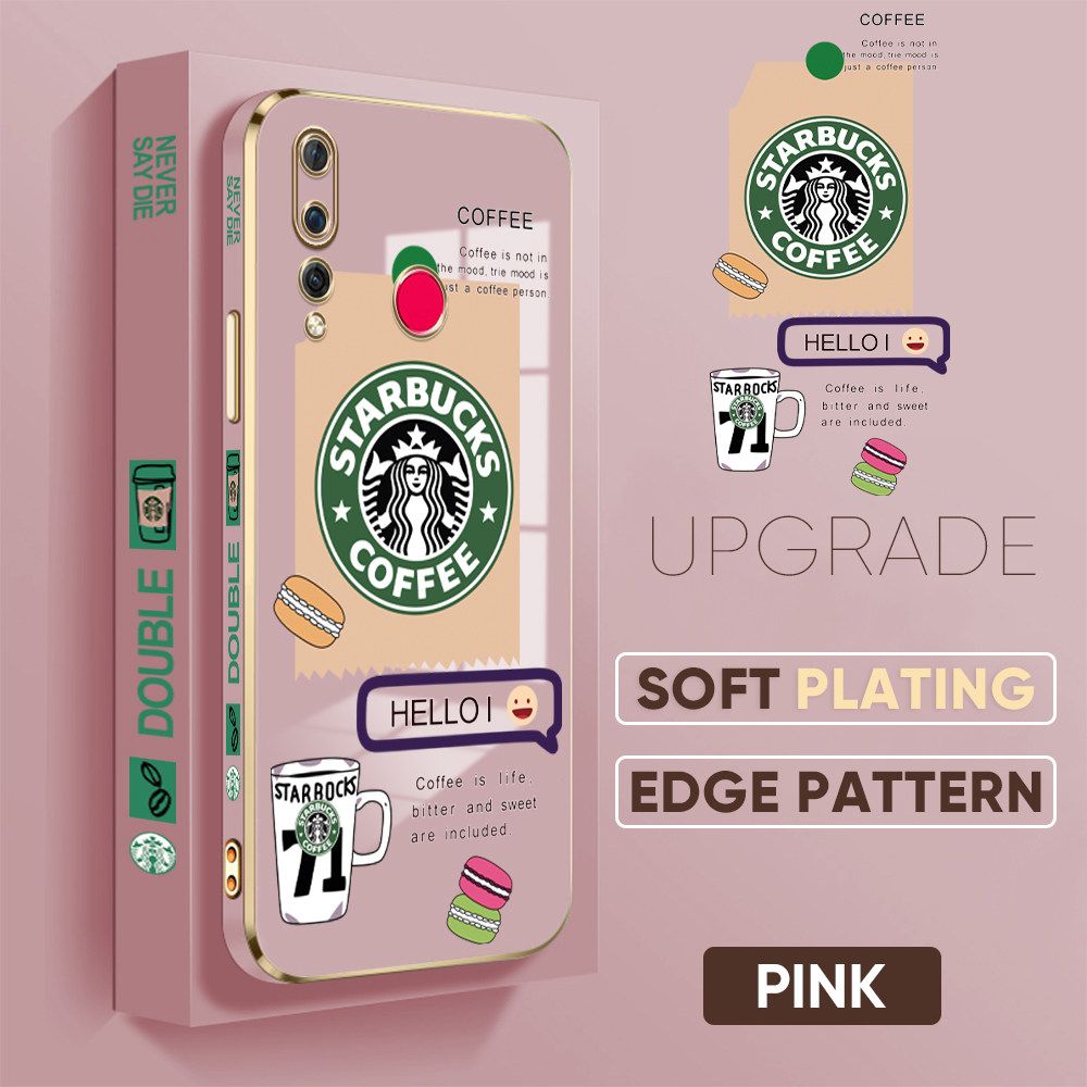 Jizetin (Free Lanyard) Huawei Nova 4 Back Cover Two Coffee Macaron Luxury 6D Plating Case Side Pattern Soft Silicone Square Mobile Phone Cases