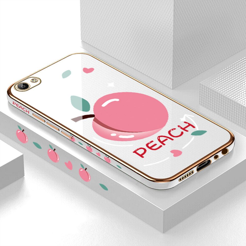 Luxury 6D Plating Case for Vivo V5S Cartoon Simple Peach Side Pattern Back Cover Soft Silicone Square Frame Shiny Bling Phone Cases + Free Lanyard