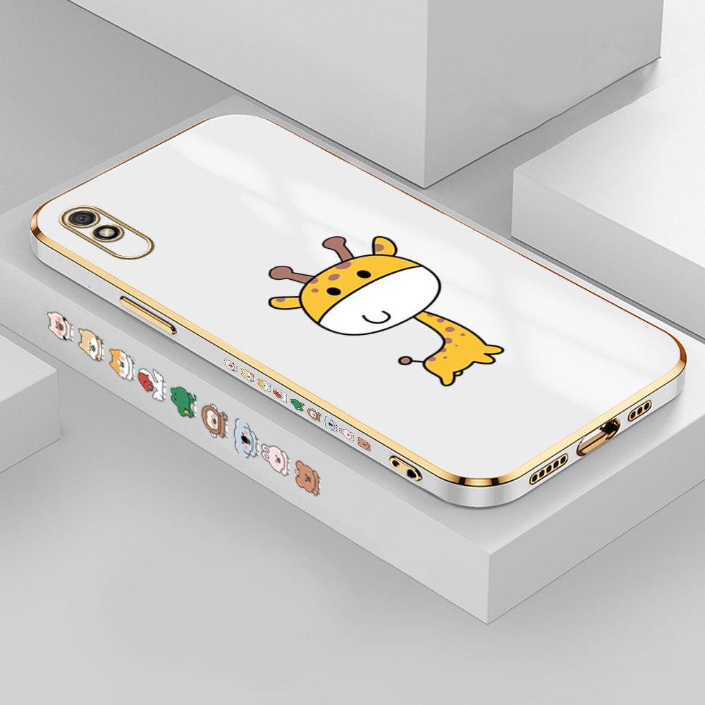 Jizetin (Free Lanyard) Redmi 9A Case Cute Cartoon Big Head Giraffe Luxury 6D Plating Soft Casing Silicone Ultra Thin Phone Cover