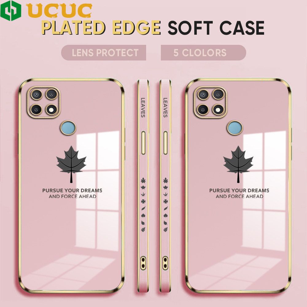 UCUC for OPPO A15 A15s Back Cover + Free Lanyard Maple Leaf Luxury 6D Plating Case Side Pattern Soft Silicone Square Phone Cases