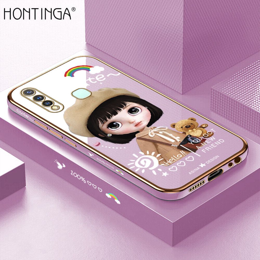 Hontinga for Vivo Y19 Back Cover + Free Lanyard Luxury 6D Plating Cute Satchel Girl Side Pattern Case Soft Silicone Square Mobile Cover