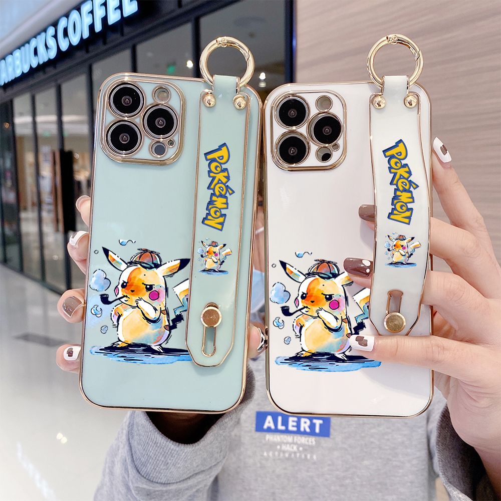 UCUC for Samsung Galaxy S22 5G Wrist Strap Back Cover + Free Lanyard Pikachu Fashion Luxury 6D Plating Soft Casing Silicone Square Frame Phone Case