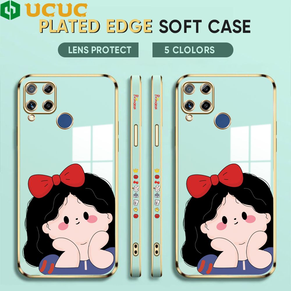 UCUC for Realme C15 / Realme C15 Qualcomm Edition Back Cover + Free Lanyard Cute Gir Luxury 6D Plating Case Side Pattern Soft Silicone Square Phone Cases