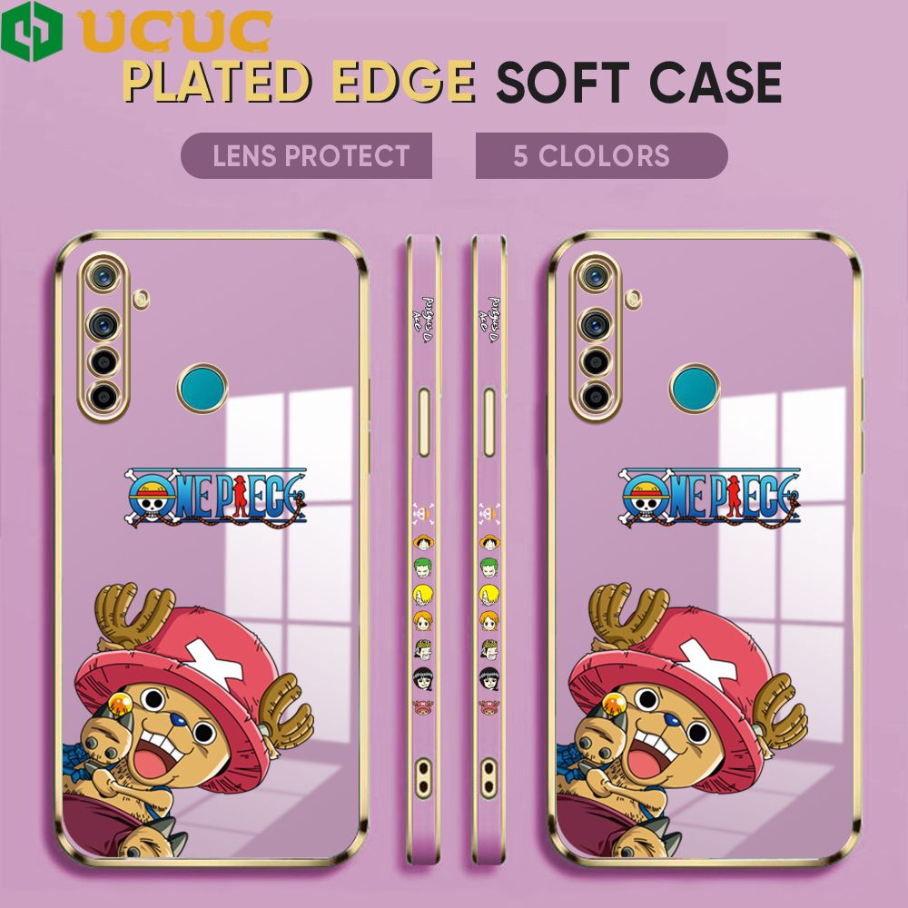 UCUC for Realme 5 Cover Blue Wave Ball Chopper Luxury 6D Plating Soft Casing Silicone Square Frame Phone Case Shiny Bling Back Cover + Free Lanyard