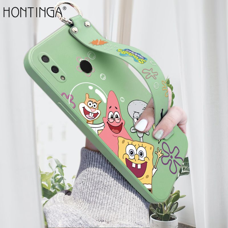 Hontinga for Huawei Y9 2019 Wrist Strap Case Cute Cute Funny Cartoon Sponge for Square Pants Cover Square Edge Liquid Silicone Anti-drop Phone Case