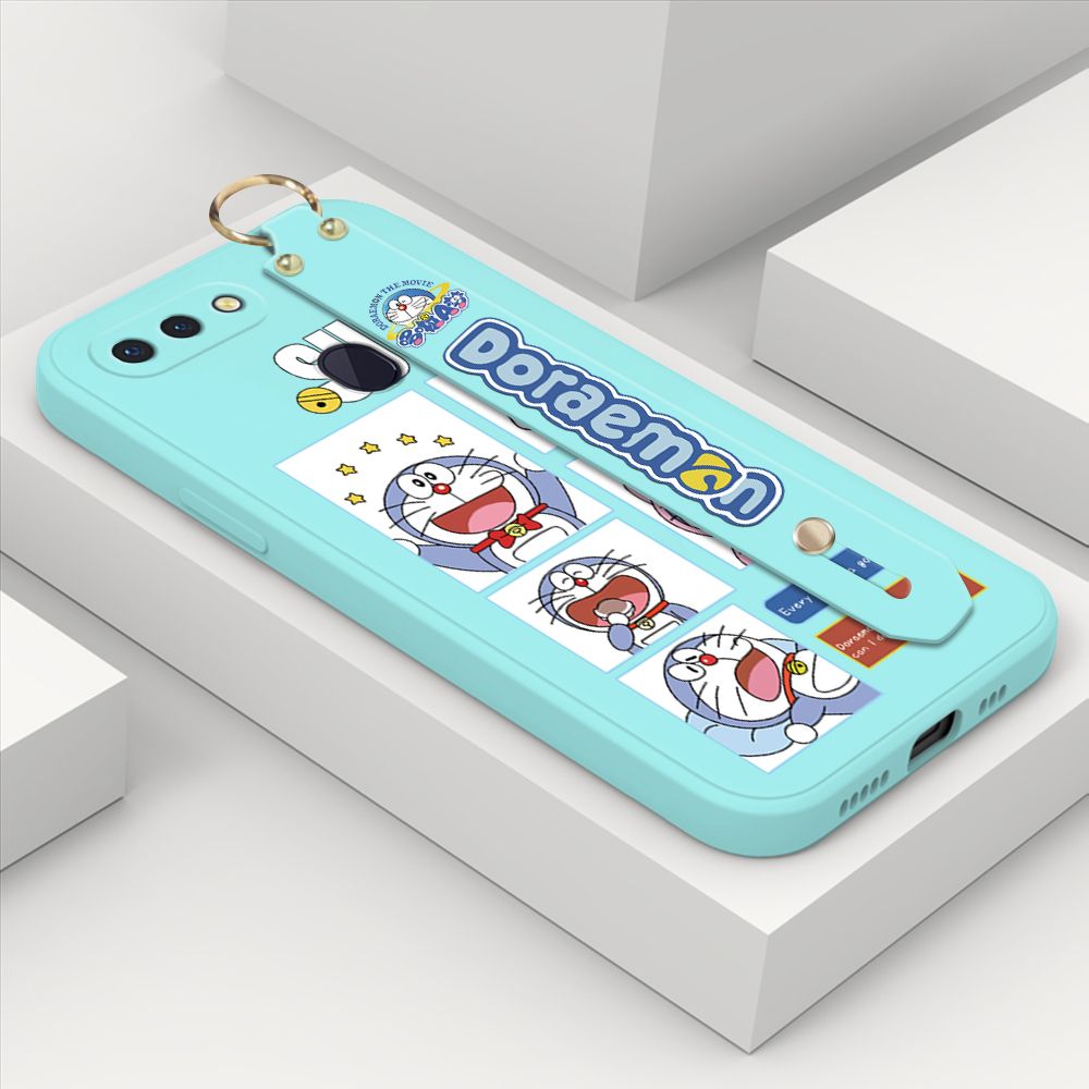 ZeroQiQi for OPPO R15 Pro Wrist Strap Case Cute Cute Cartoon Blue Cat Daily Life Cover Square Edge Liquid Silicone Creative Phone Protective Cases