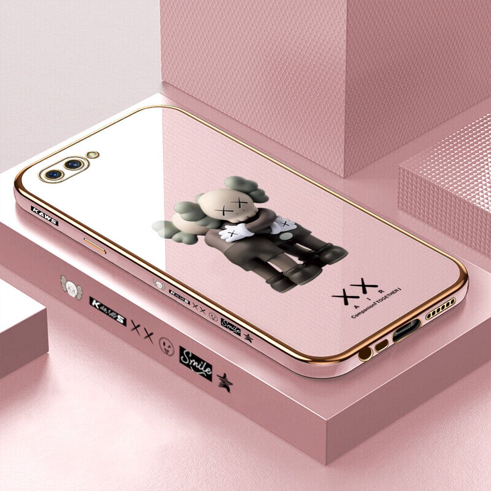 Luxury 6D Plating Case for OPPO A12E Embrace Cartoon Bear Side Pattern Back Cover Soft Silicone Square Frame Shiny Bling Phone Cases + Free Lanyard