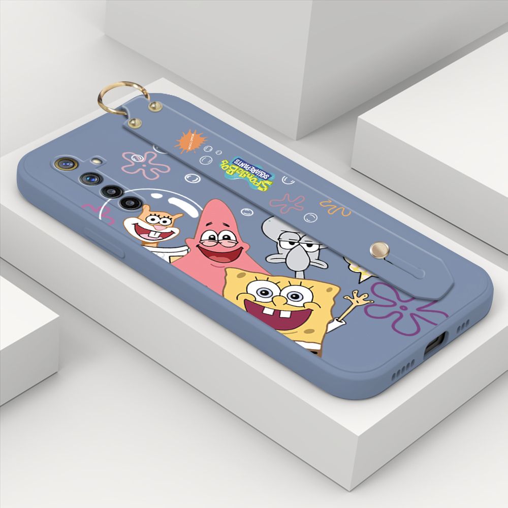 ZeroQiQi for Realme Narzo Wrist Strap Case Cute Cute Funny Cartoon Sponge for Square Pants Cover Square Edge Liquid Silicone Anti-drop Phone Case