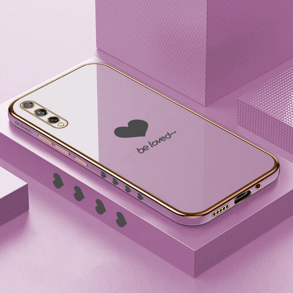 Luxury 6D Plating Soft Casing Silicone Square Frame Phone Case For Huawei Y8P Case Shiny Bling Back Cover Lover Heart Square Edge Pattern Design Soft Case + Free Lanyard