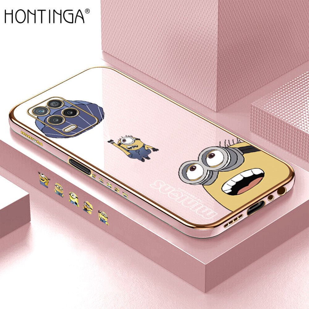 Hontinga for Realme 8 5G Back Cover + Free Lanyard Luxury 6D Plating Yellow Cartoon Character Pattern Case Soft Silicone Square Phone Cases