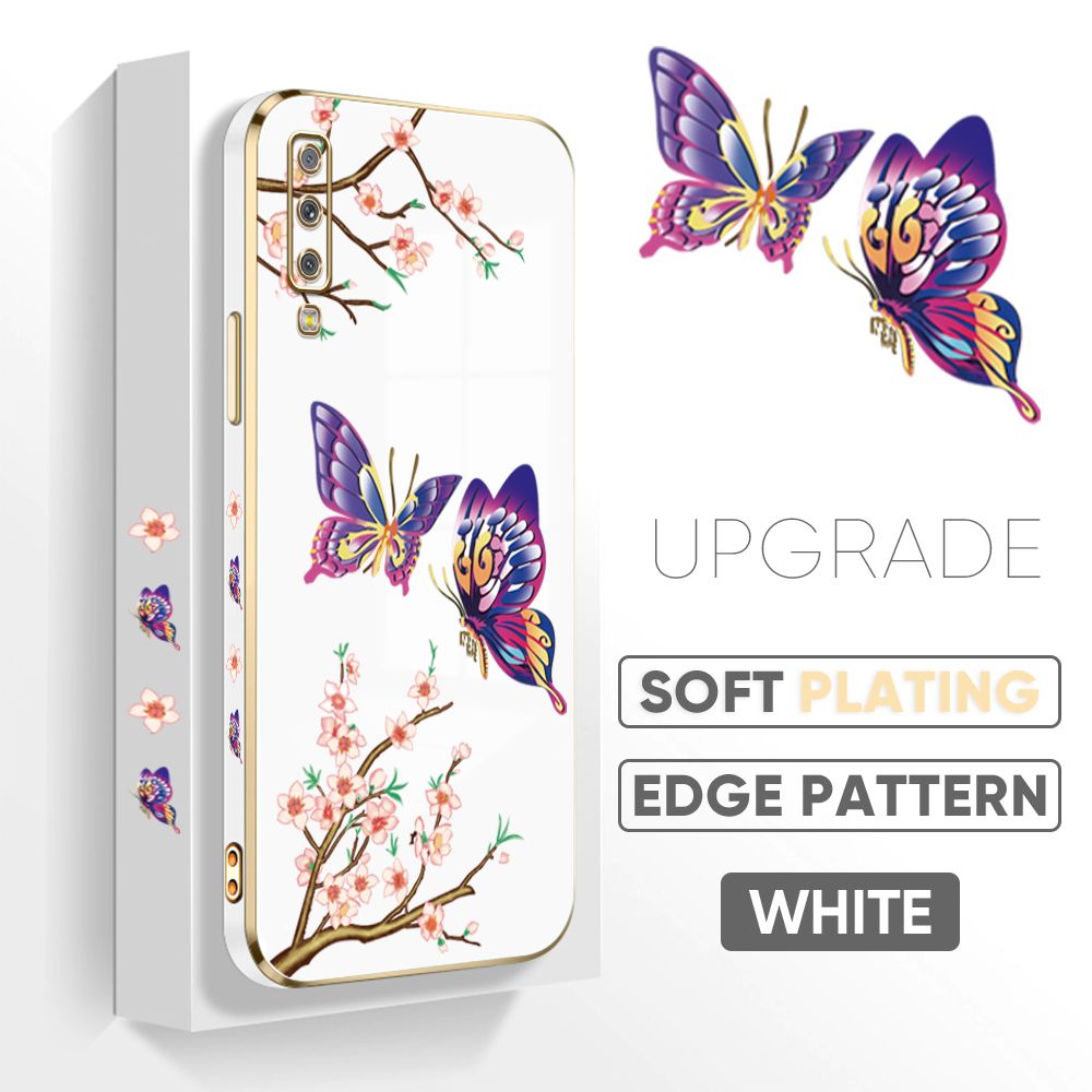 Jizetin (Free Lanyard) Samsung Galaxy A7 2018 Back Cover Peach Blossom and Butterfly Luxury 6D Plating Case Side Pattern Soft Silicone Square Mobile Phone Cases