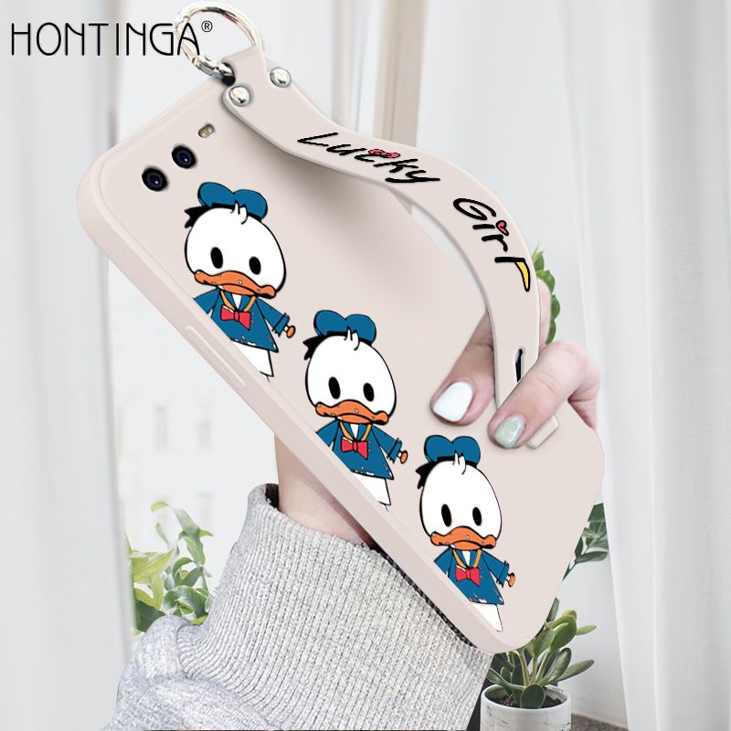 Hontinga for Huawei P10 Wrist Strap Case Cute Cartoon Little Duck Phone Case Square Edge Liquid Silicone Case Full Cover Camera Shockproof Protective Cases