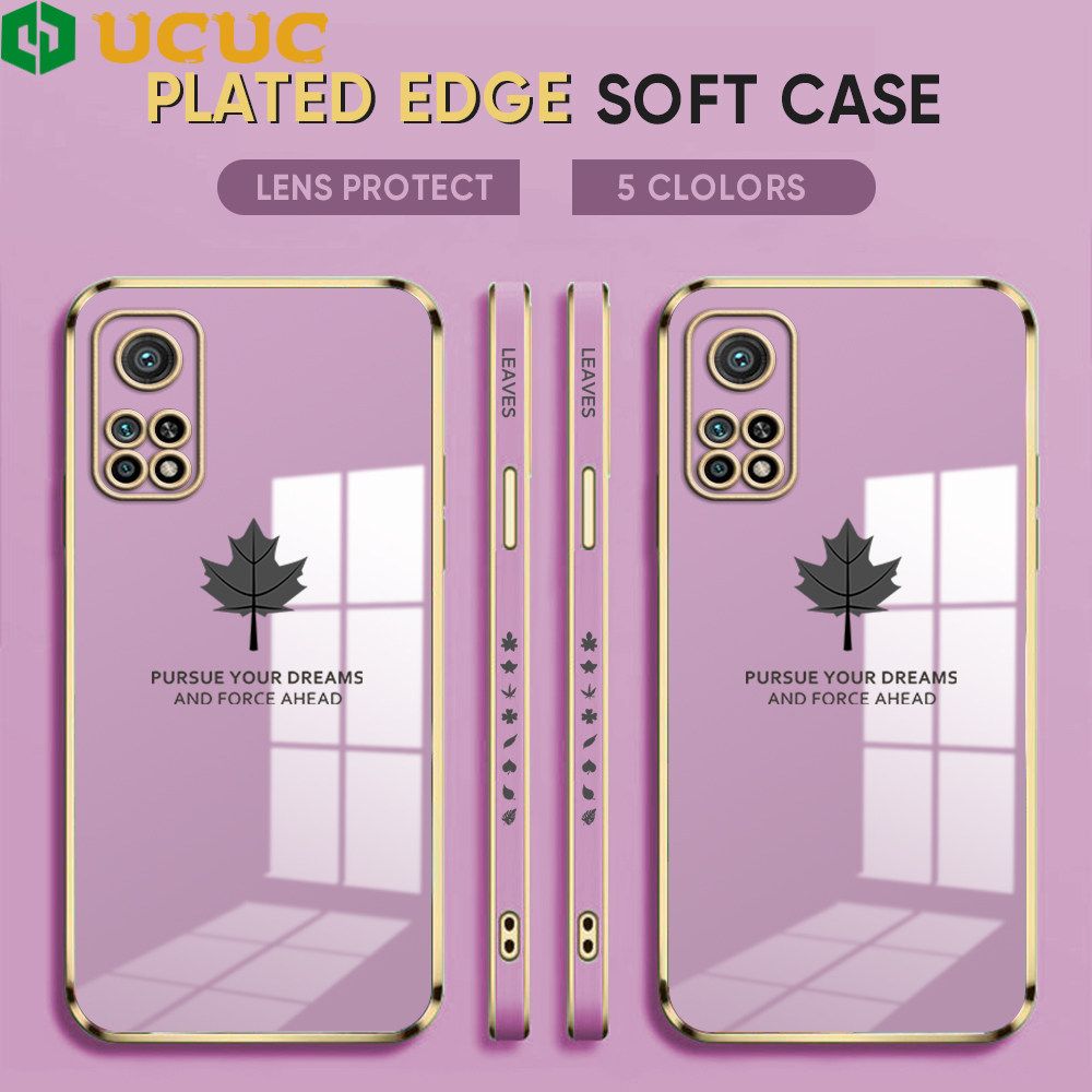 UCUC for Xiaomi Mi 10T / 10T Pro Back Cover + Free Lanyard Maple Leaf Luxury 6D Plating Case Side Pattern Soft Silicone Square Phone Cases