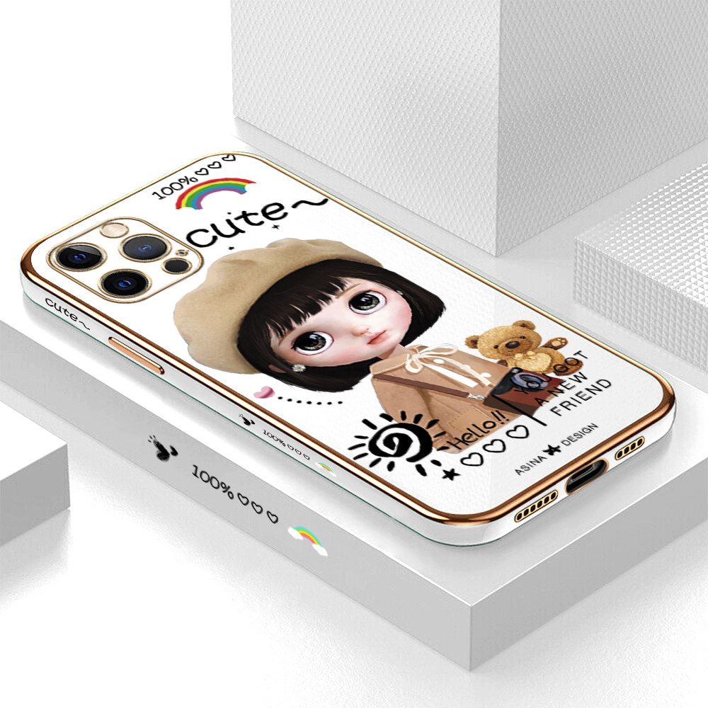 Luxury 6D Plating Soft Casing Silicone Square Frame Phone Case For iPhone 12 Pro Max Case Shiny Bling Back Cover Cute Girl With Shoulder Bag Square Edge Pattern Design Soft Case + Free Lanyard