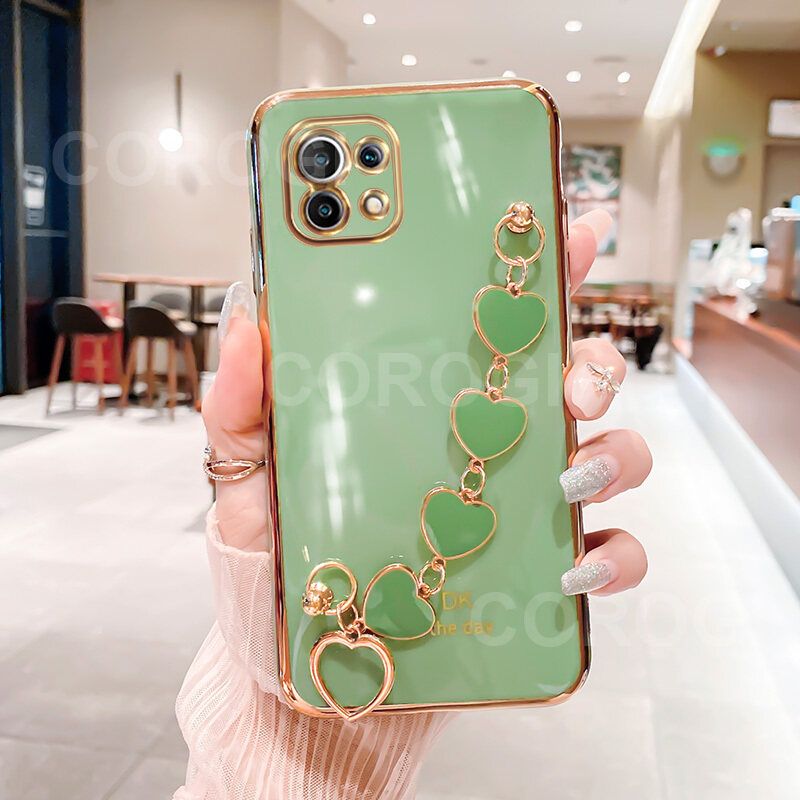 For Xiaomi Mi 11 Lite / 11 Lite 5G NE Back Cover with Love Heart Chain Wrist Strap Fashion Bracelet Shiny Plating Bumper Protective Case Silicone Shockproof Mobile Phone Cases