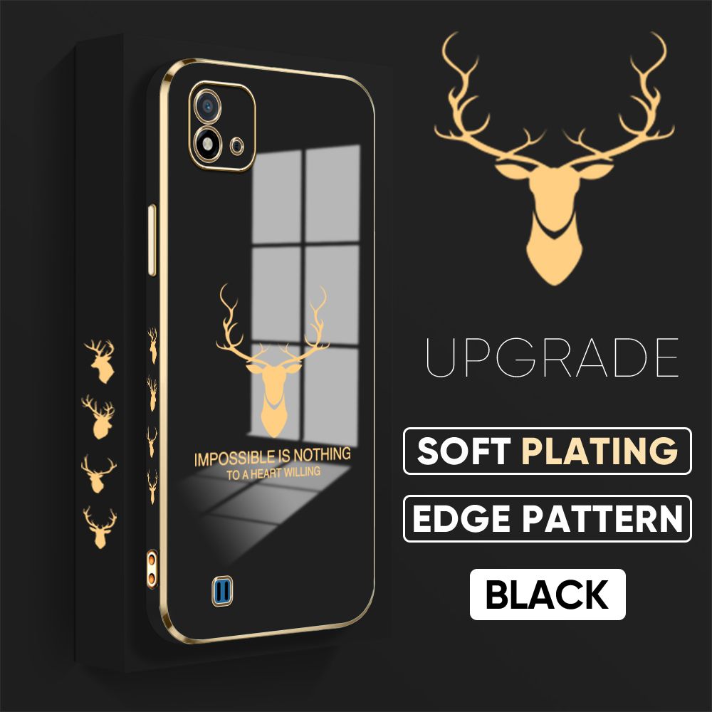 TA for Realme C11 2021 / Realme C20 / Realme C20A Back Cover + Free Lanyard Simple Antlers Luxury 6D Plating Case Side Pattern Soft Silicone Square Phone Cases