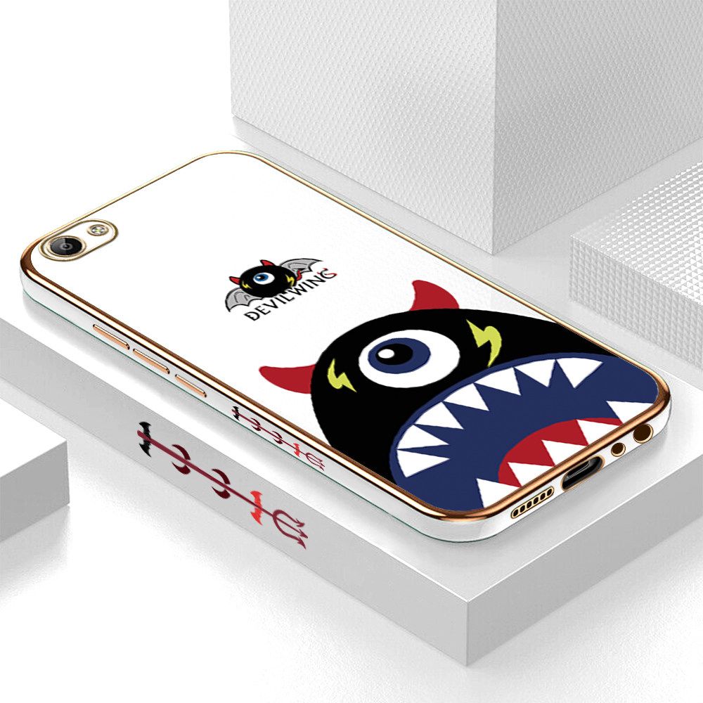 Luxury 6D Plating Case for Vivo V5 Cartoon One-eyed Devil Wing Side Pattern Back Cover Soft Silicone Square Frame Shiny Bling Phone Cases + Free Lanyard