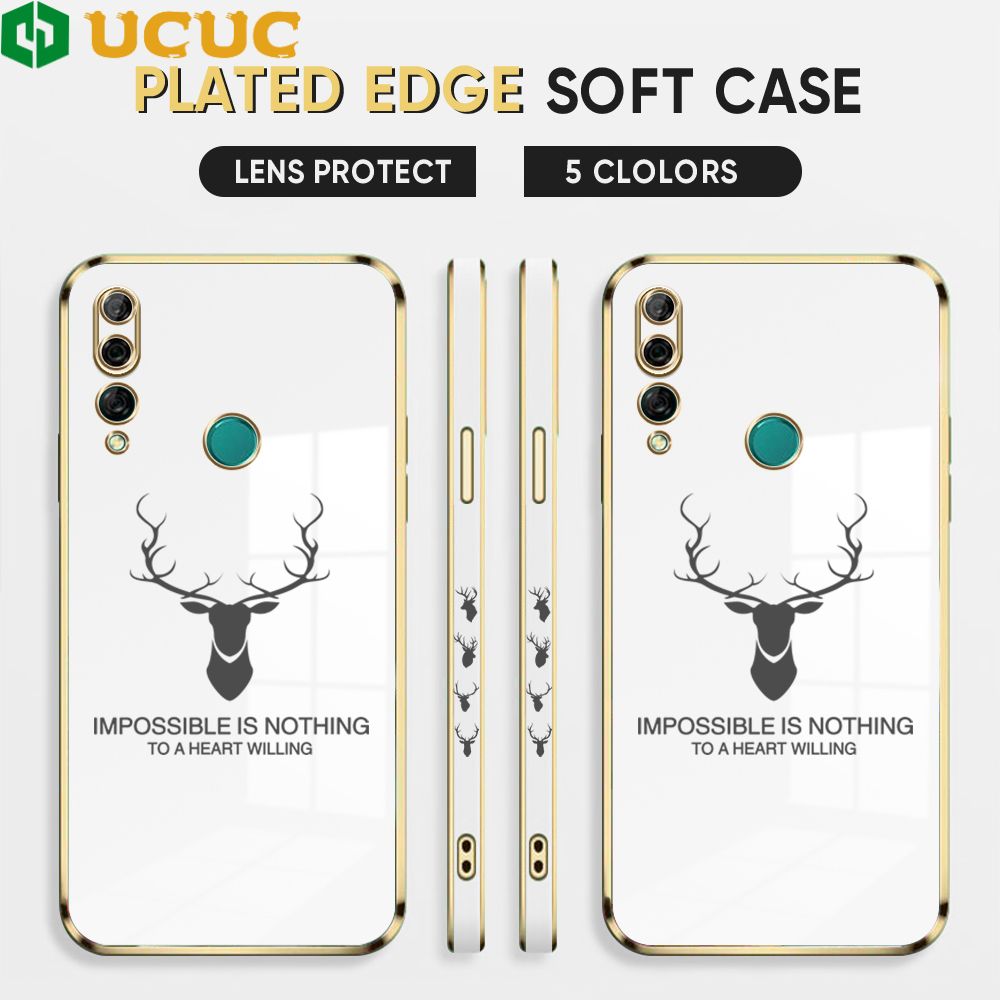 UCUC for Honor Y9 Prime 2019 Back Cover + Free Lanyard Simple Antlers Luxury 6D Plating Case Side Pattern Soft Silicone Square Phone Cases