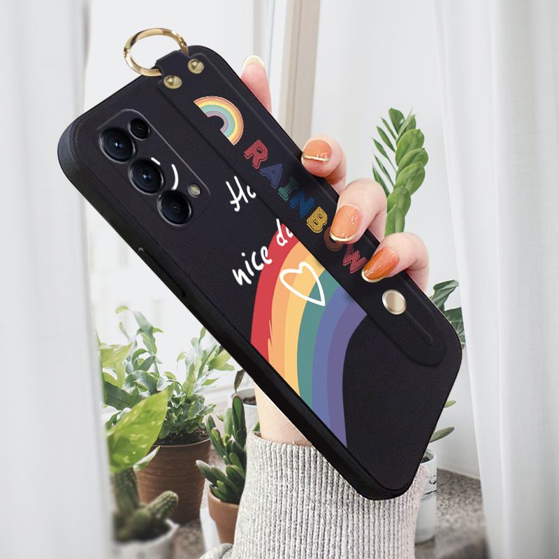 Jizetin for OPPO Reno5 5G Wrist Strap Case INS Style Smile Rainbow Cover Ultra Thin Anti Fall Liquid Silicone Phone Case