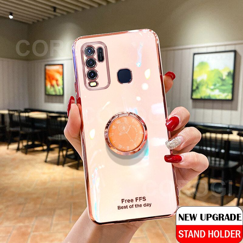 For Vivo Y30 Cover + Ring Holder Ultra Thin Shiny Plating Bumper Stand Phone Case Soft TPU Silicone Shockproof Protective Back Cover