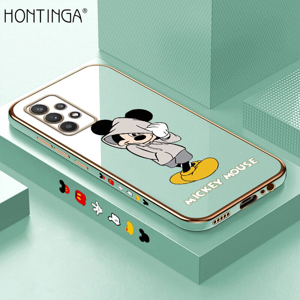 Hontinga for Samsung A32 4G Back Cover + Free Lanyard Luxury 6D Plating Handsome Cartoon Mouse Side Pattern Case Soft Silicone Square Mobile Cover