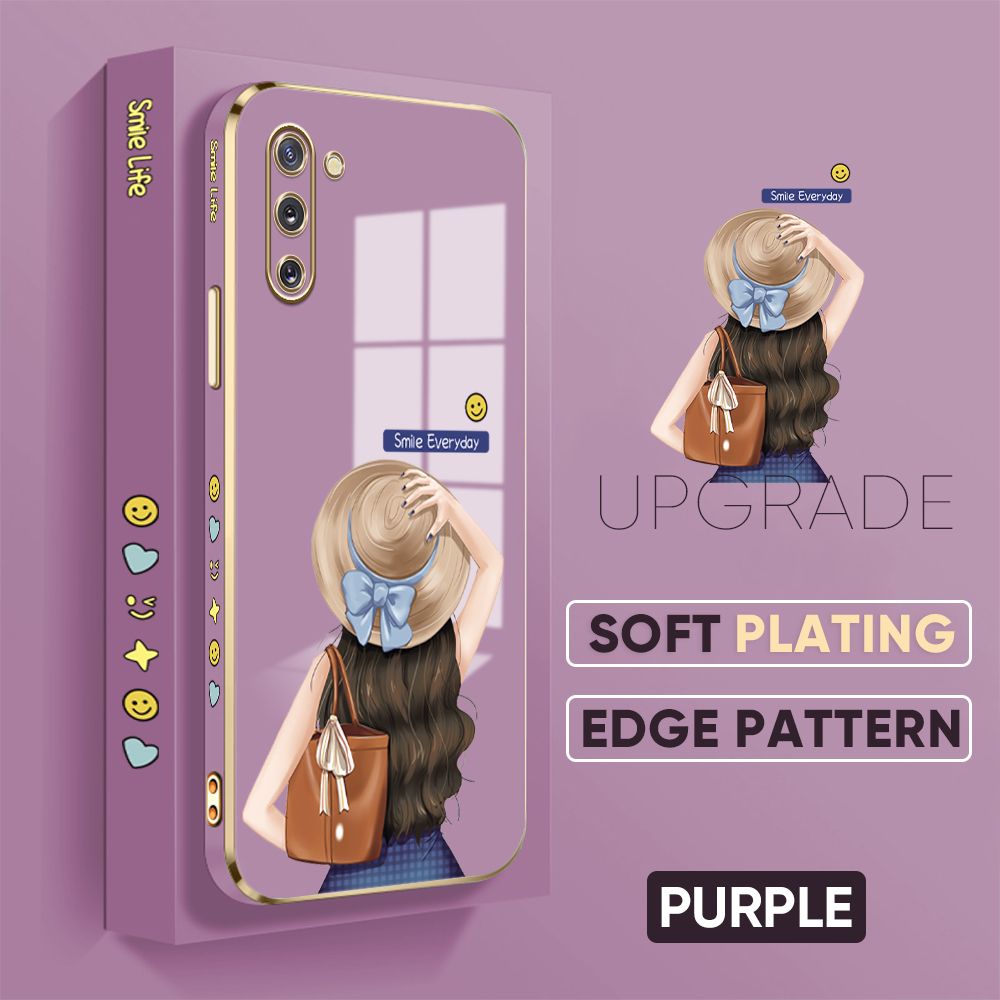 Jizetin (Free Lanyard) Samsung Galaxy Note10 Back Cover Girl In Hat Luxury 6D Plating Case Side Pattern Soft Silicone Square Mobile Phone Cases