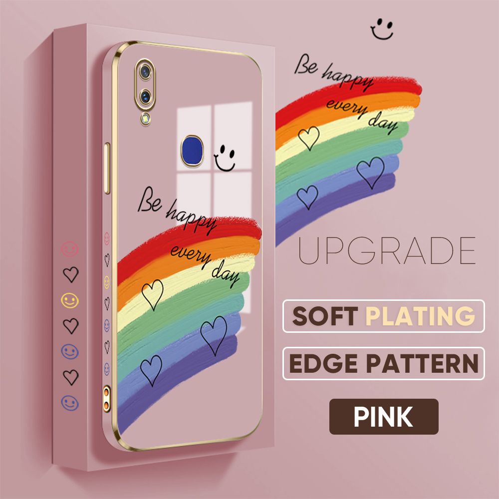 TA for Vivo V11i Z3 Z3i Back Cover + Free Lanyard Rainbow Doodle Luxury 6D Plating Case Side Pattern Soft Silicone Square Phone Cases
