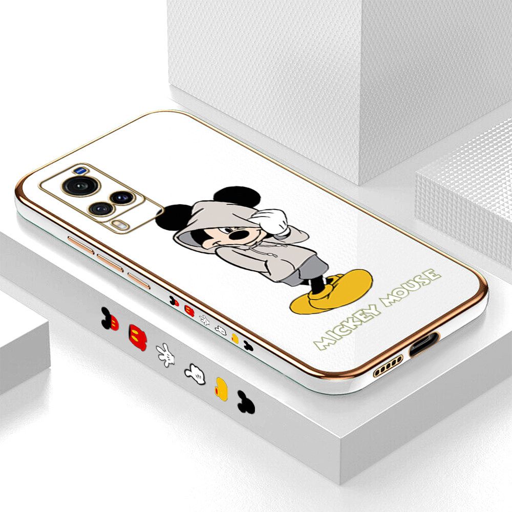 Luxury 6D Plating Case for Vivo X60 Cartoon Cool Mouse Side Pattern Back Cover Soft Silicone Square Frame Shiny Bling Phone Cases + Free Lanyard