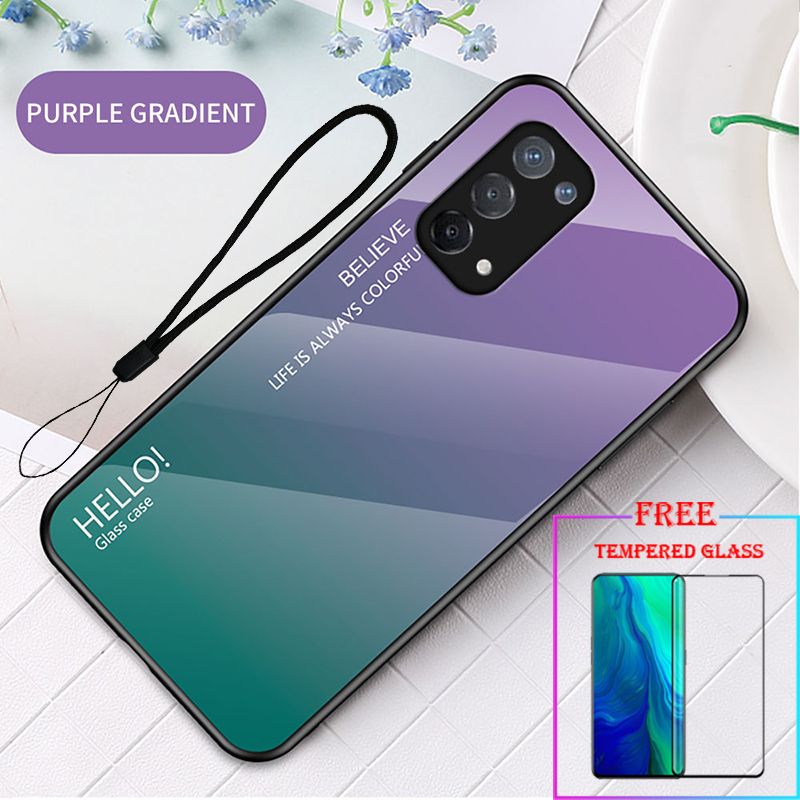 For OPPO A74 5G Phone Case Gradient Colorful Pattern Back Tempered Glass Soft TPU Edge Shockproof Anti-scratch Protection Back Cover