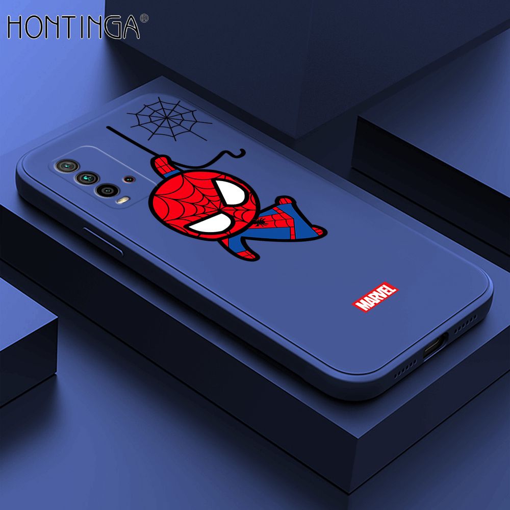 Hontinga for Xiaomi Redmi 9T/Redmi 9 Power Case Cute Marvel Avengers Cartoon Spiderman Spider Man Phone Case Square Edge Silicone Cases Full Lens Cover Shockproof Protection Case