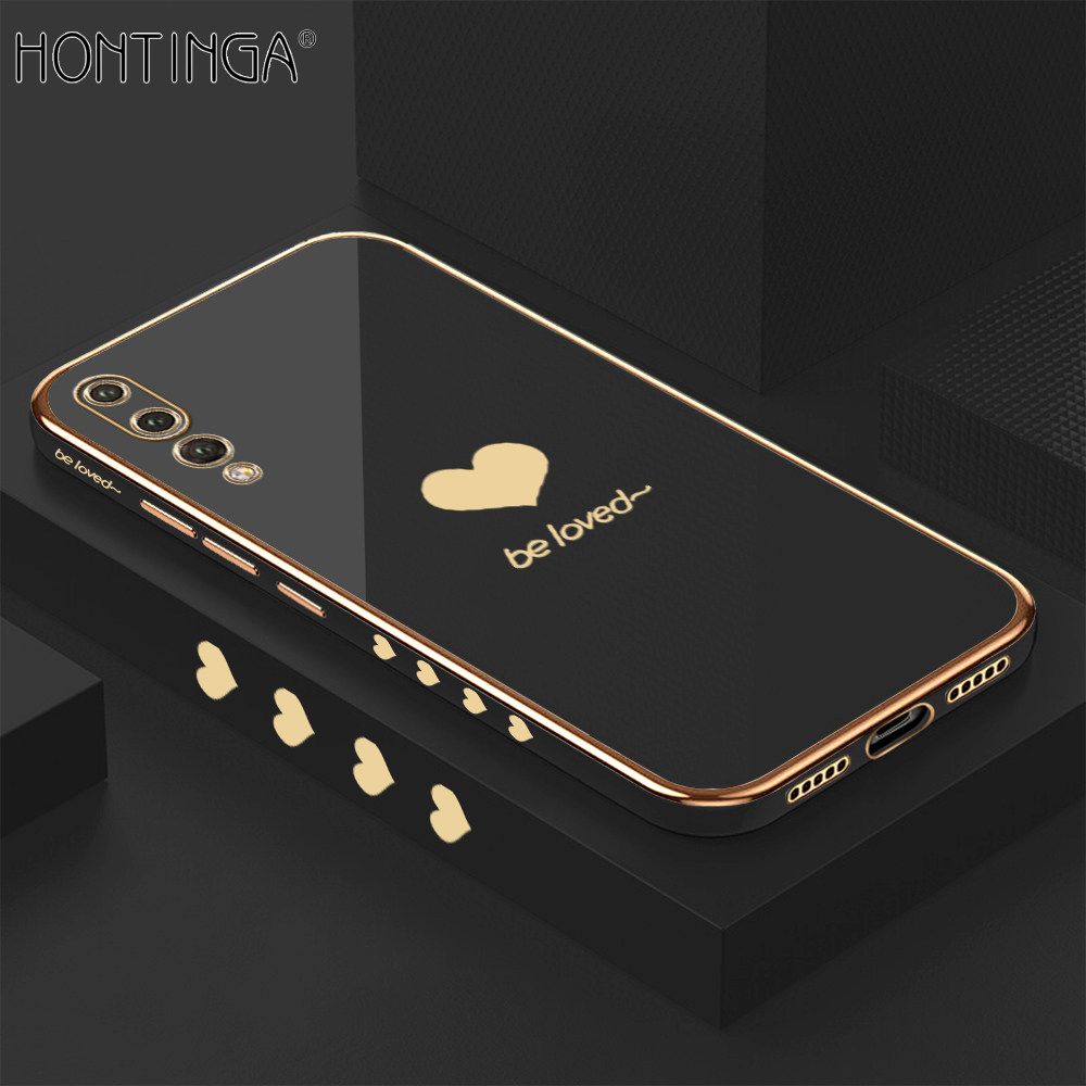Hontinga for Huawei P20 Pro Back Cover + Free Lanyard Luxury 6D Plating Lover Heart Side Pattern Case Soft Silicone Square Mobile Cover