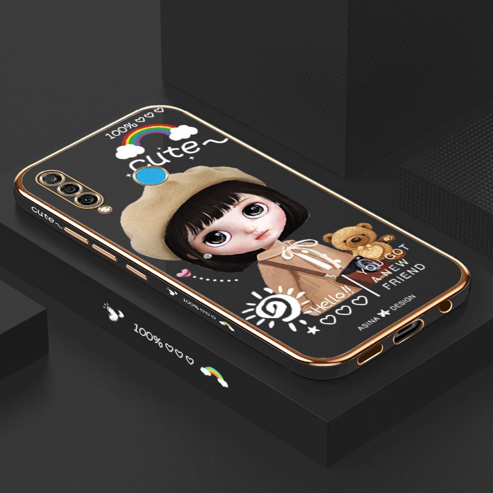 Luxury 6D Plating Soft Casing Silicone Square Frame Phone Case For Huawei Nova 4E Case Shiny Bling Back Cover Cute Girl With Shoulder Bag Square Edge Pattern Design Soft Case + Free Lanyard
