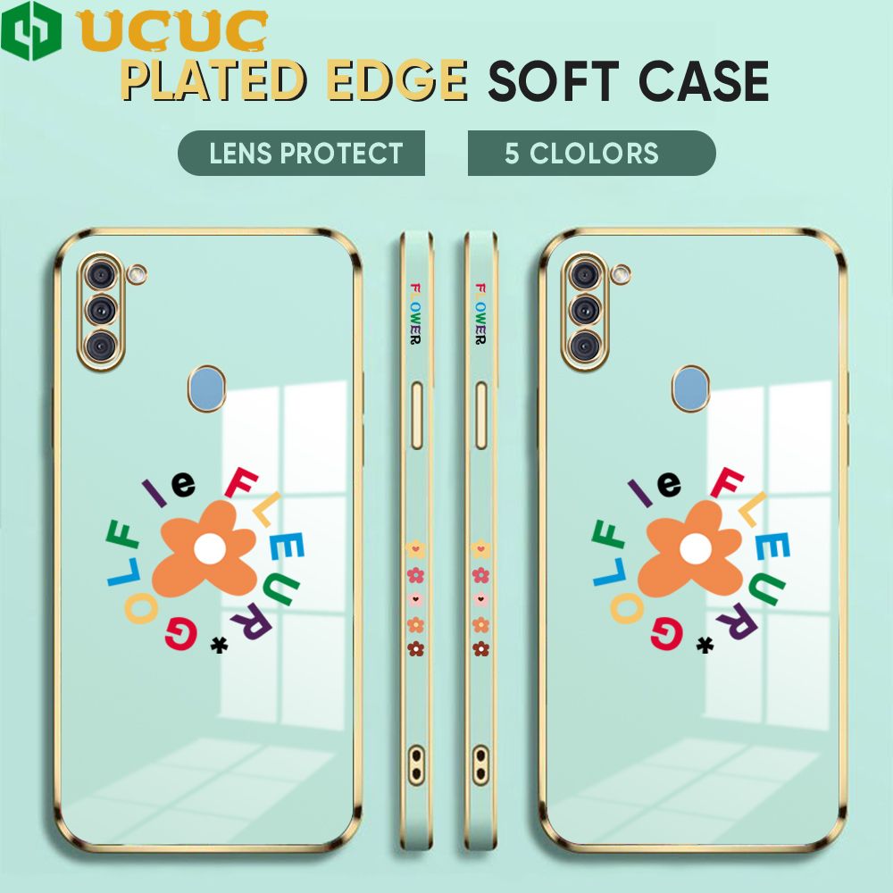 UCUC for Samsung Galaxy A11 M11 Back Cover + Free Lanyard Colorful Flower Luxury 6D Plating Case Side Pattern Soft Silicone Square Phone Cases