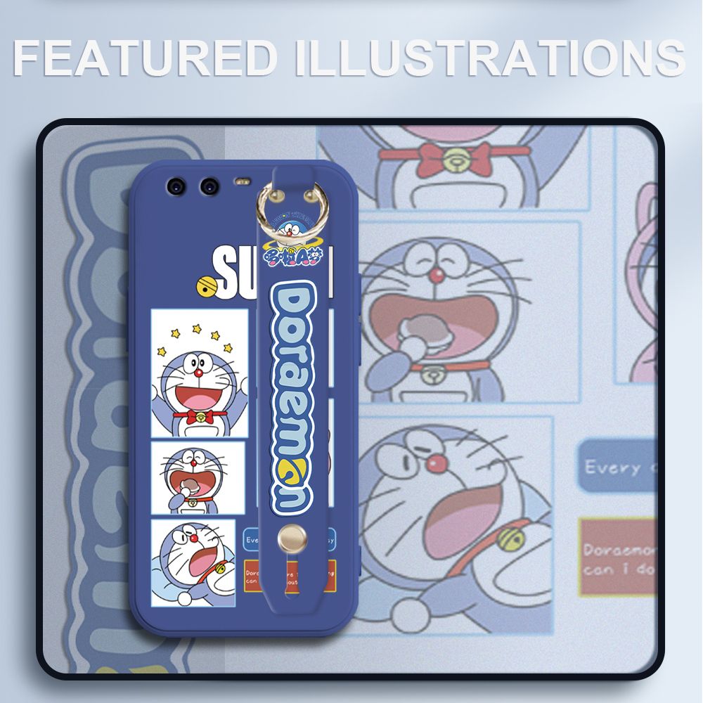 UCUC for Huawei P10 Wrist Strap Case Creative Cartoon Doraemon's Daily Life Cover Ultra Thin Anti Fall Liquid Silicone Phone Case