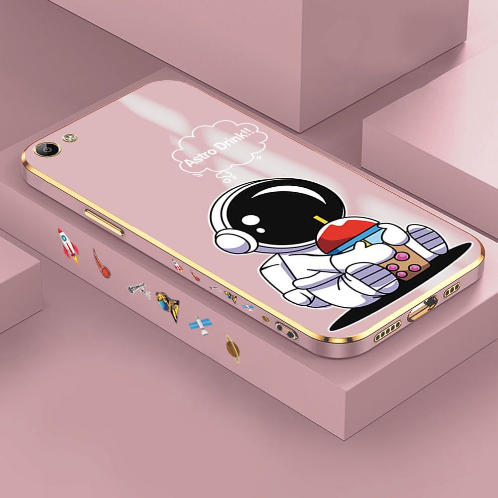 Jizetin (Free Lanyard) Vivo Y65 Case Cute Cartoon Drink Astronaut Luxury 6D Plating Soft Casing Silicone Ultra Thin Phone Cover
