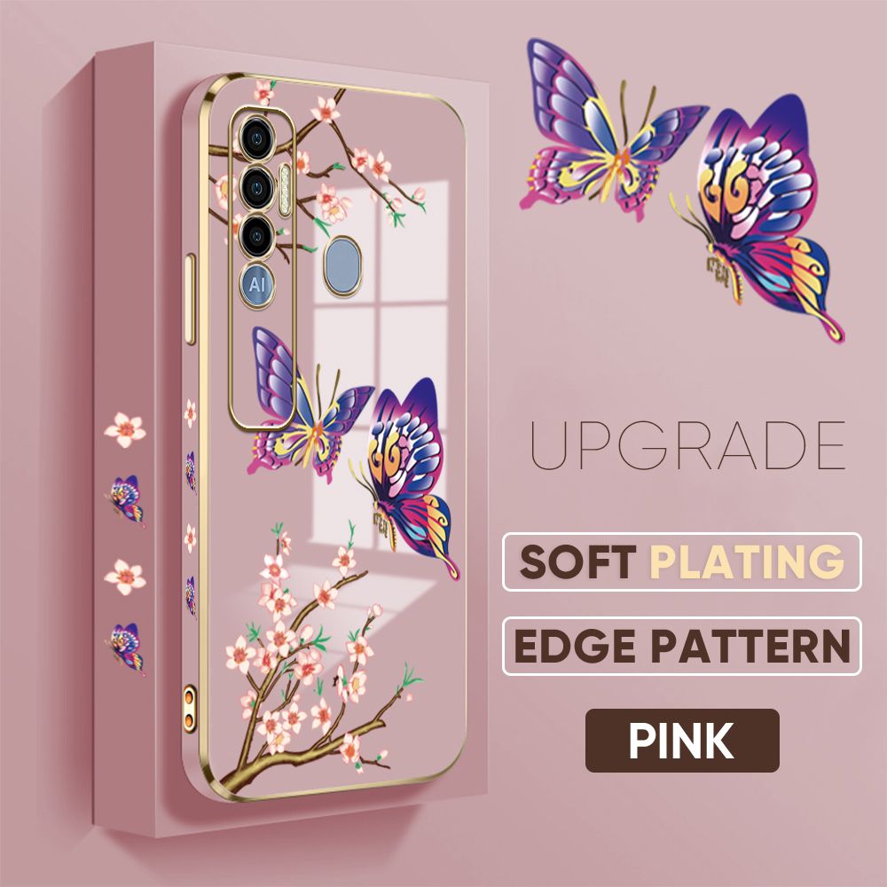 Jizetin (Free Lanyard) Tecno Spark 7 Pro Back Cover Peach Blossom and Butterfly Luxury 6D Plating Case Side Pattern Soft Silicone Square Mobile Phone Cases