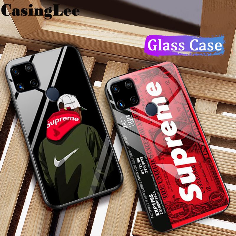 Casinglee for Realme C15 Case Tempered Glass Protector Mirror Couple Back Cover SUP Supreme Design OPPO RealmeC15 case cover For girls and Boys