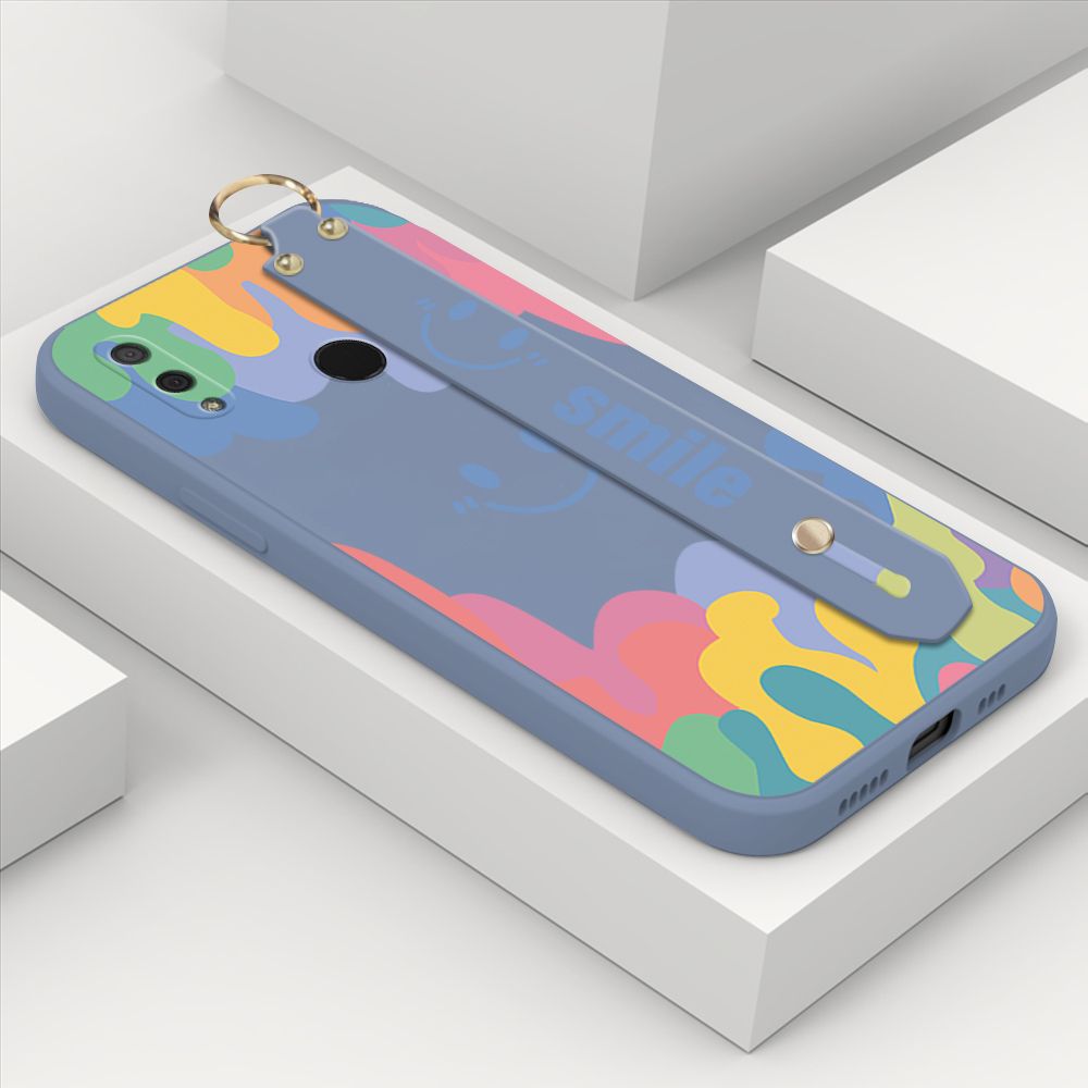 ZeroQiQi for Huawei Y9 2019 Wrist Strap Case Soft Candy Color Splash Ink Cover Trend Square Printed Pattern Liquid Silicone Phone Case