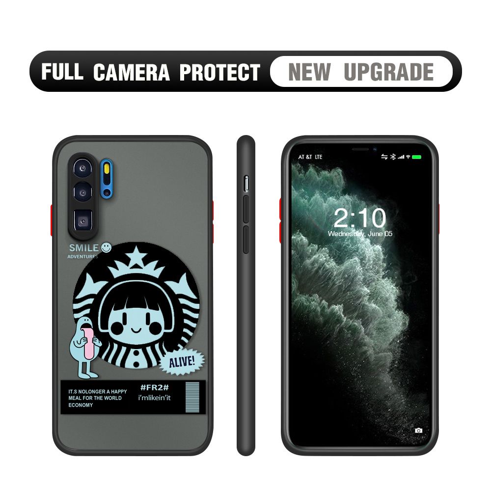 Hontinga for Huawei P30 Pro Case Cute Coffee Girl Camera Shockproof Protection Casing Edge Frosted Transparent Phone Cover