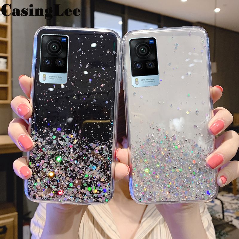 Casinglee For VIVO X60 Pro case Full Stars Moon Glitter Bling Sequins Cases Soft Back cover for VIVO X60Pro Phone cases Starry Sky Transparent For girls and Boys