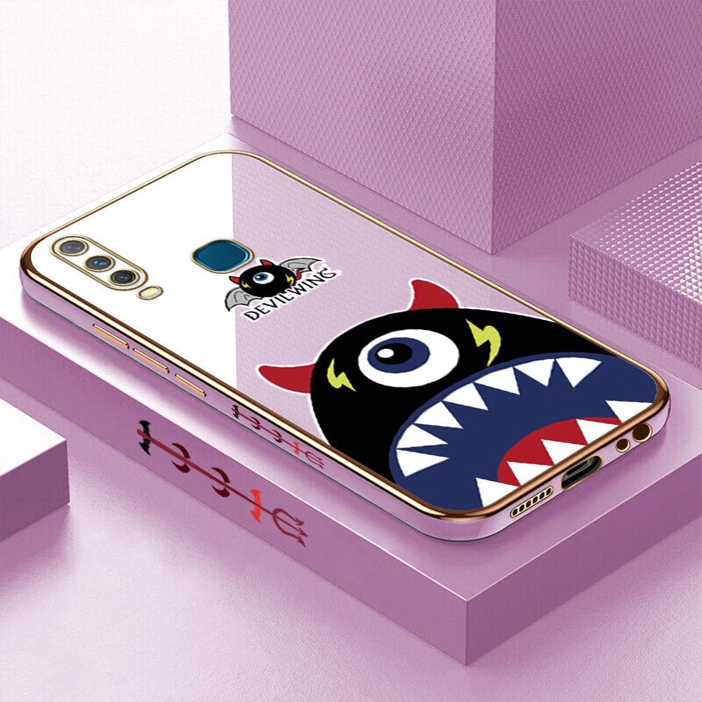 Luxury 6D Plating Case for Vivo Y17 Cartoon One-eyed Devil Wing Side Pattern Back Cover Soft Silicone Square Frame Shiny Bling Phone Cases + Free Lanyard