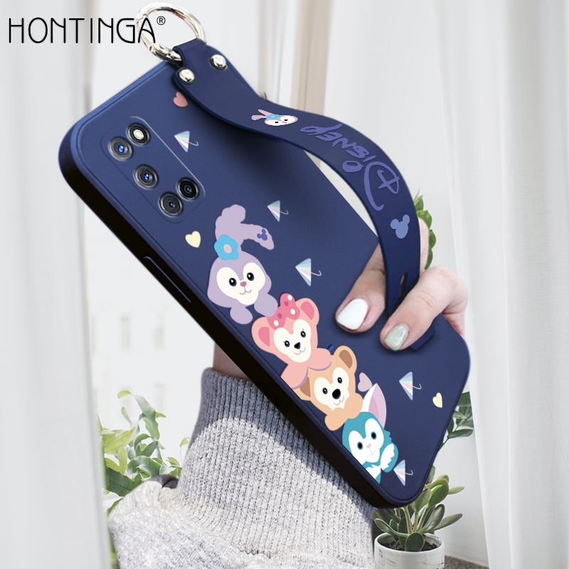 Hontinga for OPPO A52 A92 Wrist Strap Case INS Cute Style Creative Cartoon Rabbit and Fox Cover Thin Square Edge Liquid Silicone Phone Case