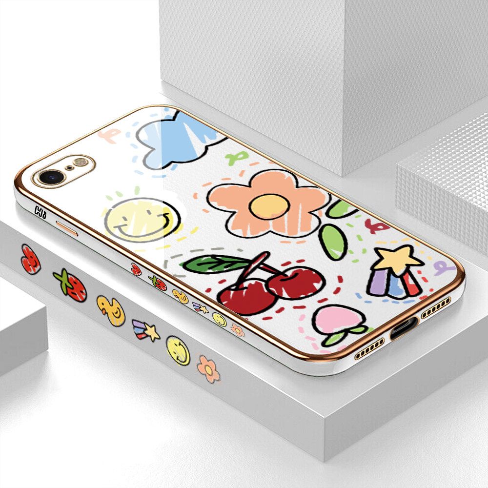 Luxury 6D Plating Case for iPhone 8 Color Cartoon cherry Peach Side Pattern Back Cover Soft Silicone Square Frame Shiny Bling Phone Cases + Free Lanyard