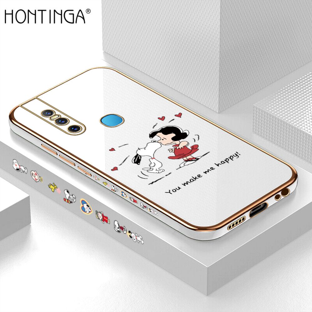 Hontinga for Vivo V15 Back Cover + Free Lanyard Luxury 6D Plating Happy Puppy and Girl Side Pattern Case Soft Silicone Square Mobile Cover