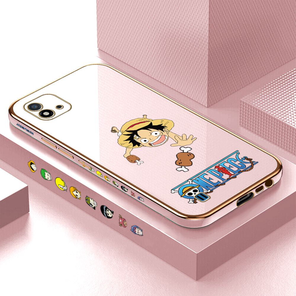 Luxury 6D Plating Case for Realme C20 C20A Cartoon Meaty Luffy Side Pattern Back Cover Soft Silicone Square Phone Cases + Free Lanyard