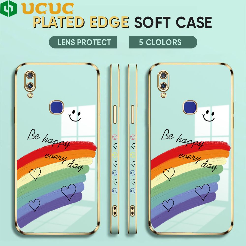 UCUC for Vivo V11i Z3 Z3i Back Cover + Free Lanyard Rainbow Doodle Luxury 6D Plating Case Side Pattern Soft Silicone Square Phone Cases