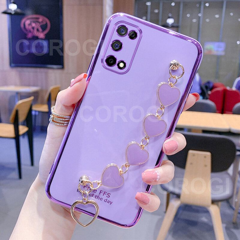 For OPPO A52 A92 Cover + Love Heart Bracelet Fashion Shiny Wrist Chain Plating Bumper Slim Phone Case Soft TPU Silicone Shockproof Protective Back Cover
